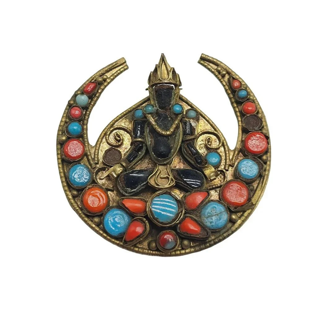 Nepal Buddha Brass Coral Turquoise Glass Large Brooch Antique
